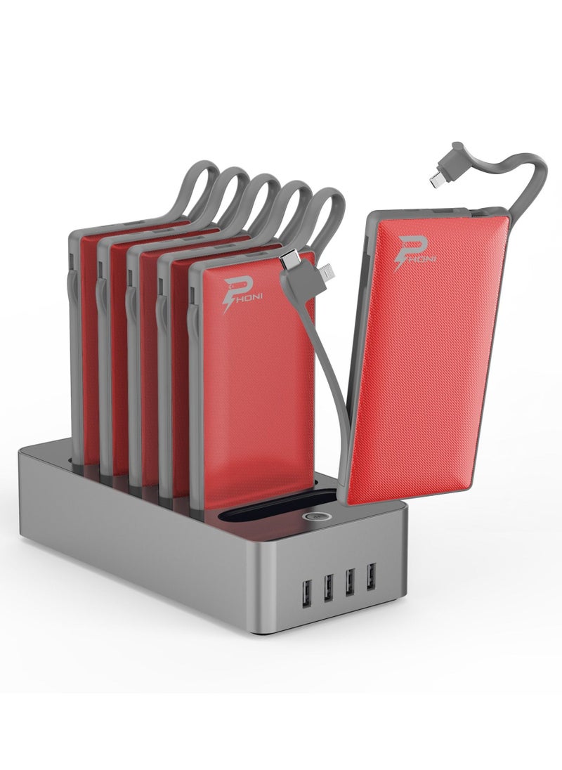 Phoni - 6 in 1 Power Station 10,000 mAh Power Bank with Built-in Cable to Charge Multiple Devices - Red - Image 1