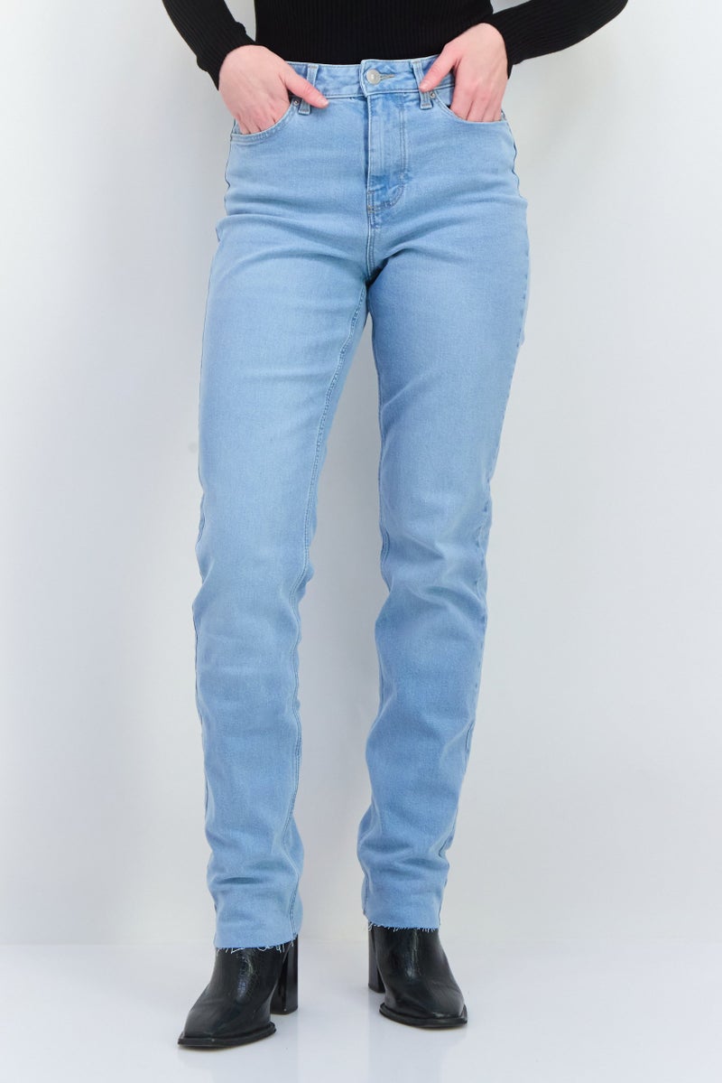 PIECES Women Straight Fit Washed Stretchable Denim Jeans, Blue - Image 1