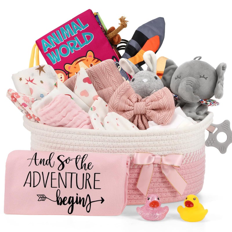 Zopeal 22 Pcs Deluxe New Baby Gift Basket, Baby Shower Gifts Essentials Stuff for Girls Newborn Baby Girls Gift Set for Expecting Moms Gifts Diaper Caddy Organizer - Image 1
