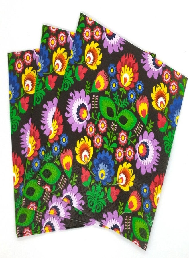 Importer AM AM Décor - 20 Count Soft 3-Ply Tissue Decoupage Luncheon Paper Napkins -13" x 13" (Unfolded) Polish Folk Black - Image 2