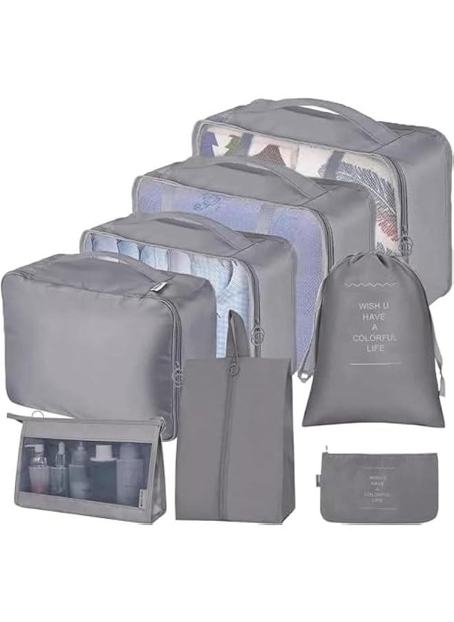 HOOKOR 8 Set Packing Cubes for Suitcases, Travel Luggage Packing Organizers with Laundry Bag, Compression Storage Shoe Bag, Clothing Underwear Bag, for Man & Women (Grey)  - Image 1
