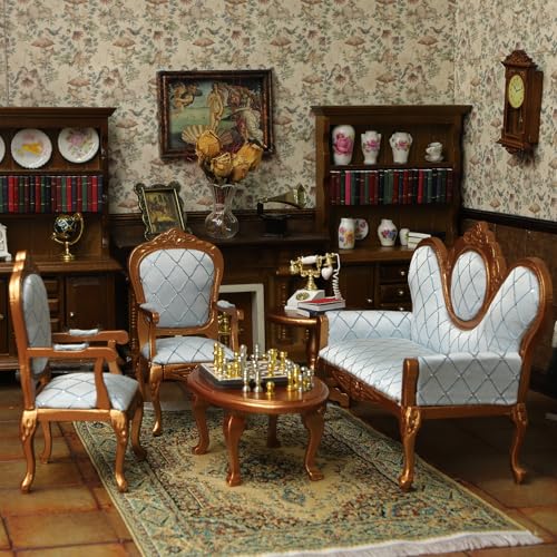 iLAND Victorian Dollhouse Furniture Set Doll House Furniture and Accessories Miniature Dollhouse Sofa with 112 Scale Accessories 8pcs Mothers Gift Wife Gift Bookshelf Dcor Gold Blue - Image 5