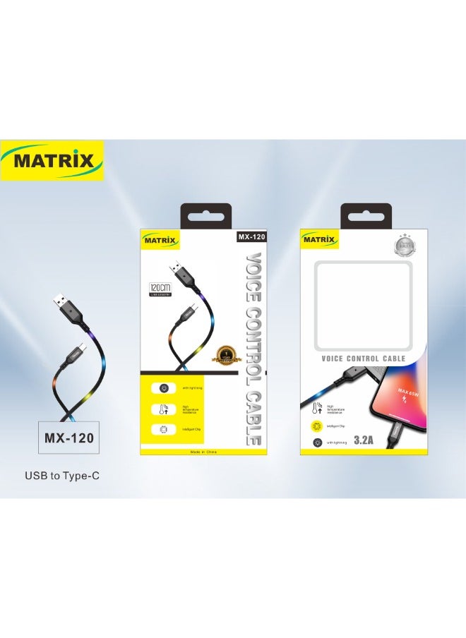 MATRIX MX120 Fast Charging USB-A to Type-C Cable with Voice Control and RGB LED Lights - 1.2M Cable Length - Black  - Image 1