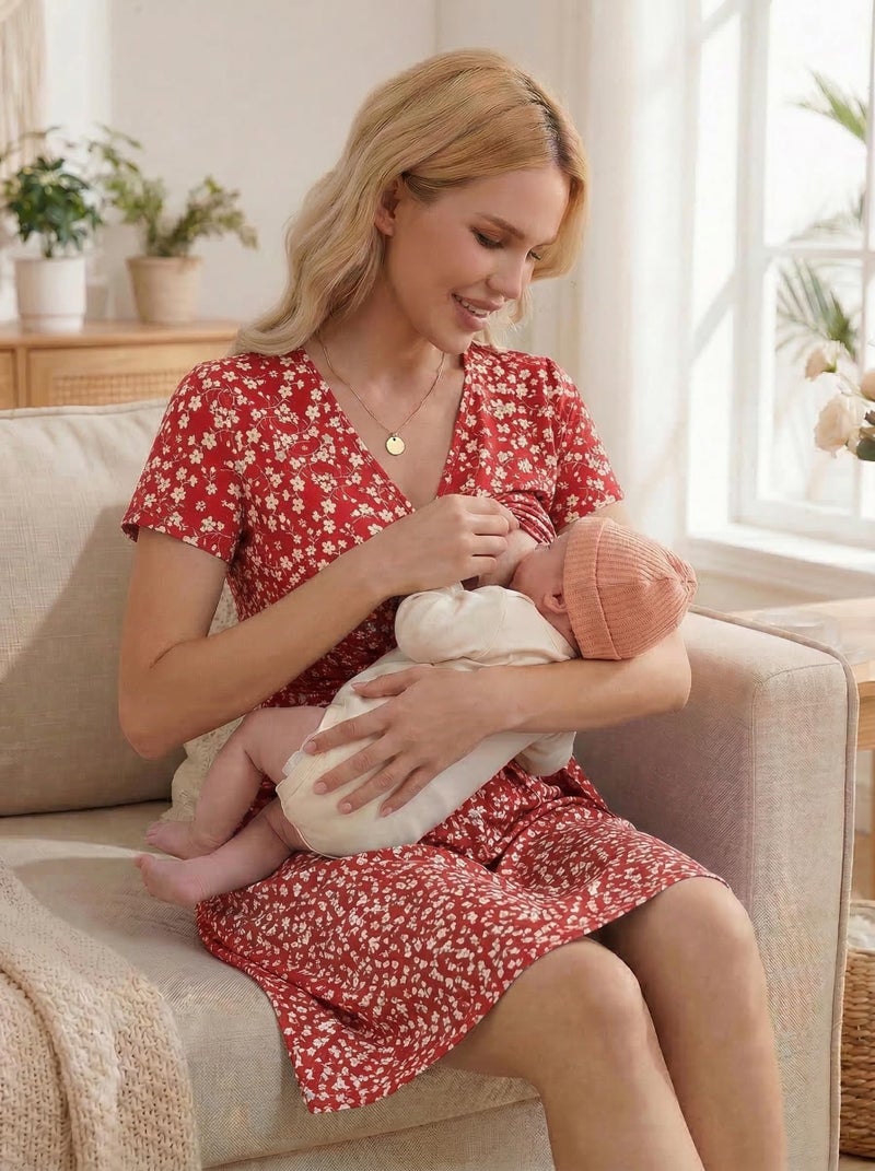 OUGES Maternity Nursing Dress Breastfeeding Short Sleeve V Neck Casual Pregnancy Postpartum Baby Shower Dress Pockets(Floral F,M) - Image 2