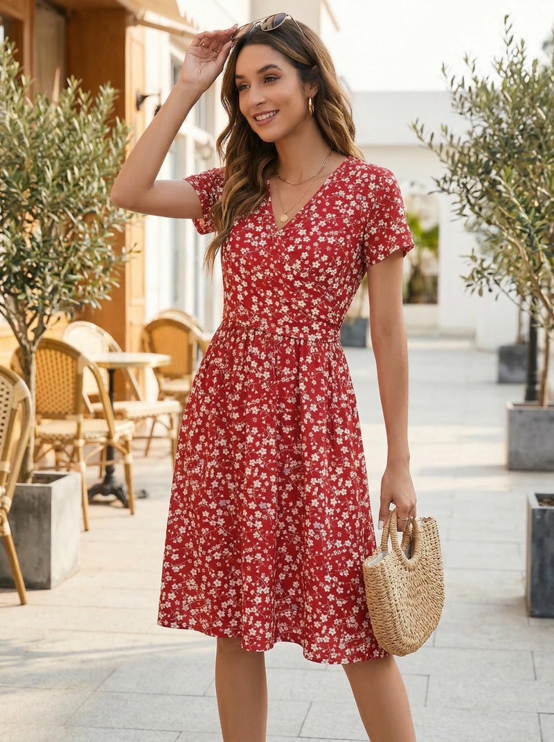 OUGES Maternity Nursing Dress Breastfeeding Short Sleeve V Neck Casual Pregnancy Postpartum Baby Shower Dress Pockets(Floral F,M) - Image 5