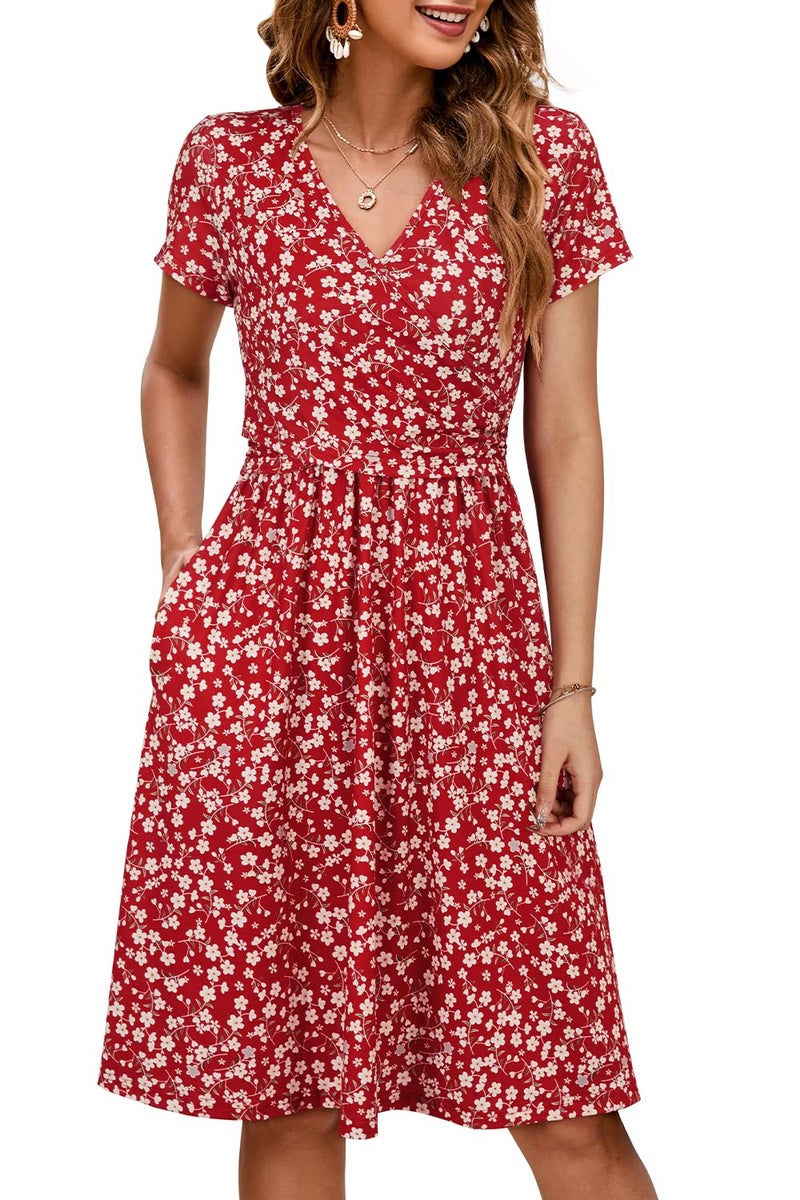 OUGES Maternity Nursing Dress Breastfeeding Short Sleeve V Neck Casual Pregnancy Postpartum Baby Shower Dress Pockets(Floral F,M) - Image 1