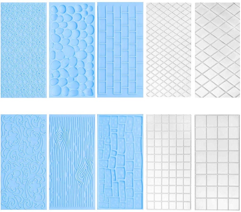 Qicfrk 10 Set Fondant Impression Mat Mold Lace Embossing Mat Tree Bark/Brick Wall/Flower/Stone Wall Fondant Impression Mats Texture Design for Cupcake Border Decoration - Image 1