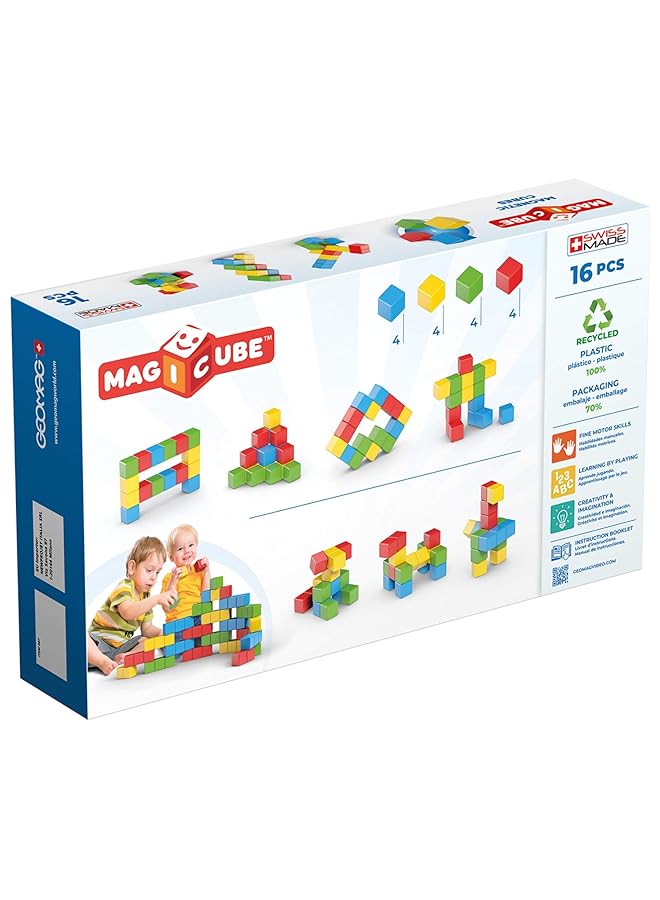جيوماغ لعبة ماجيكوب التعليمية المغناطيسية متعددة الألوان مصنوعة في سويسرا، مصنوعة من بلاستيك معاد تدويره بنسبة 100%، مفتوحة النهاية، مناسبة للأطفال من عمر سنة فما فوق، 16 قطعة - Image 2