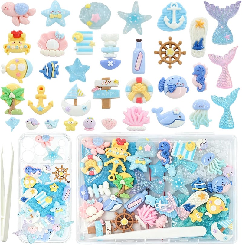 RidaaFri Junk Case Charms Kit, 3D Flatback Pearls Set, Blue Ocean Beach Themed Cute Starfish Turtles Mermaids Large Charms for DIY Craft Accessories - Image 1