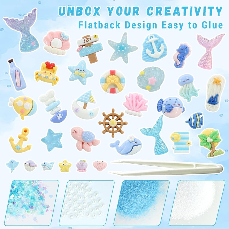 RidaaFri Junk Case Charms Kit, 3D Flatback Pearls Set, Blue Ocean Beach Themed Cute Starfish Turtles Mermaids Large Charms for DIY Craft Accessories - Image 2