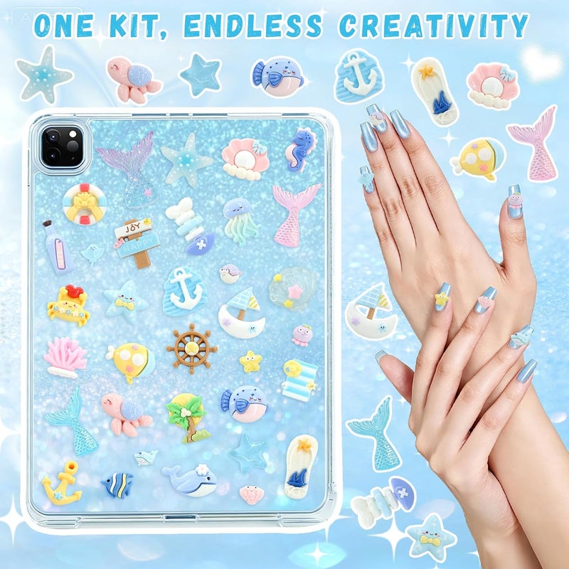 RidaaFri Junk Case Charms Kit, 3D Flatback Pearls Set, Blue Ocean Beach Themed Cute Starfish Turtles Mermaids Large Charms for DIY Craft Accessories - Image 4