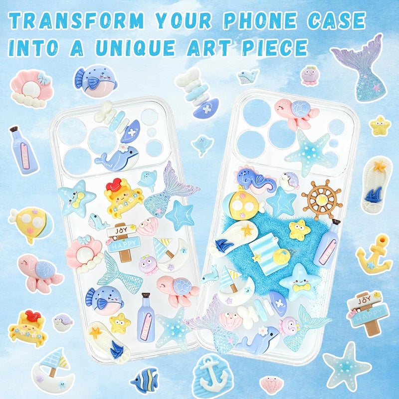 RidaaFri Junk Case Charms Kit, 3D Flatback Pearls Set, Blue Ocean Beach Themed Cute Starfish Turtles Mermaids Large Charms for DIY Craft Accessories - Image 3