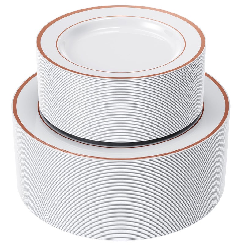 FOCUSLINE 120Pcs Rose Gold Plastic Plates Disposable White and Rose Gold Rim Plastic Plates Including 60 Dinner  Dessert Plate Elegant Fancy Heavy Duty Wedding Party Plate