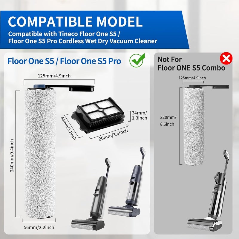 keluke Roller Brush and Filters Replacement Compatible with Tineco Floor ONE S5/Floor One S5 Pro Cordless Vacuum Cleaner,Replacement Parts include 3 Brush Rollers, 3 Filters - Image 2