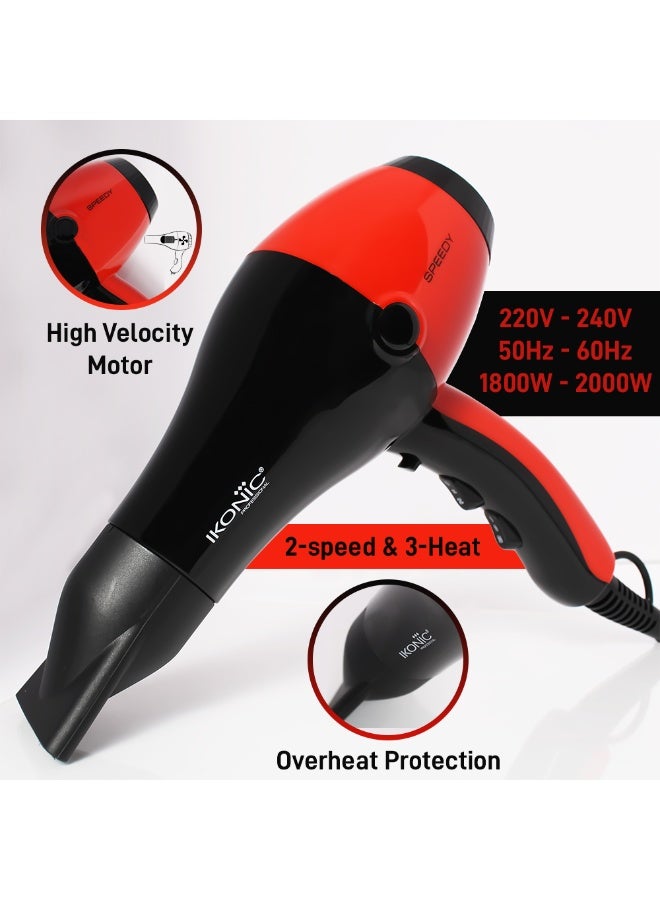 أي كونيك مجفف الشعر أيكونيك سبيدي بروفيشنال 1800 – 2000 واط للرجال والنساء، أحمر وأسود – تشغيل منخفض الضجيج، إعدادان للسرعة و3 إعدادات للحرارة، حماية من السخونة الزائدة، تصميم مريح، سلك بطول 2.5 متر - Image 2