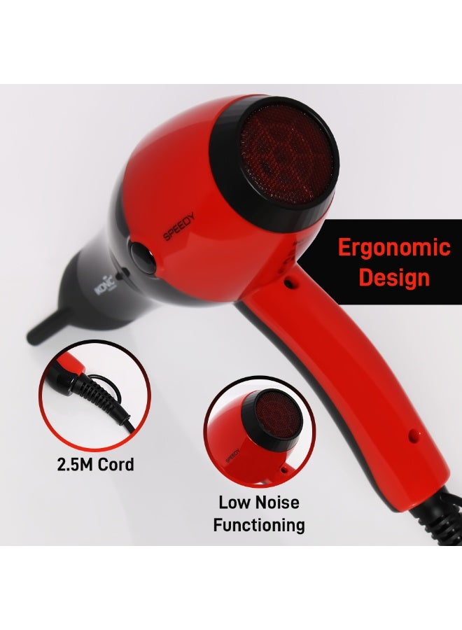 أي كونيك مجفف الشعر أيكونيك سبيدي بروفيشنال 1800 – 2000 واط للرجال والنساء، أحمر وأسود – تشغيل منخفض الضجيج، إعدادان للسرعة و3 إعدادات للحرارة، حماية من السخونة الزائدة، تصميم مريح، سلك بطول 2.5 متر - Image 3