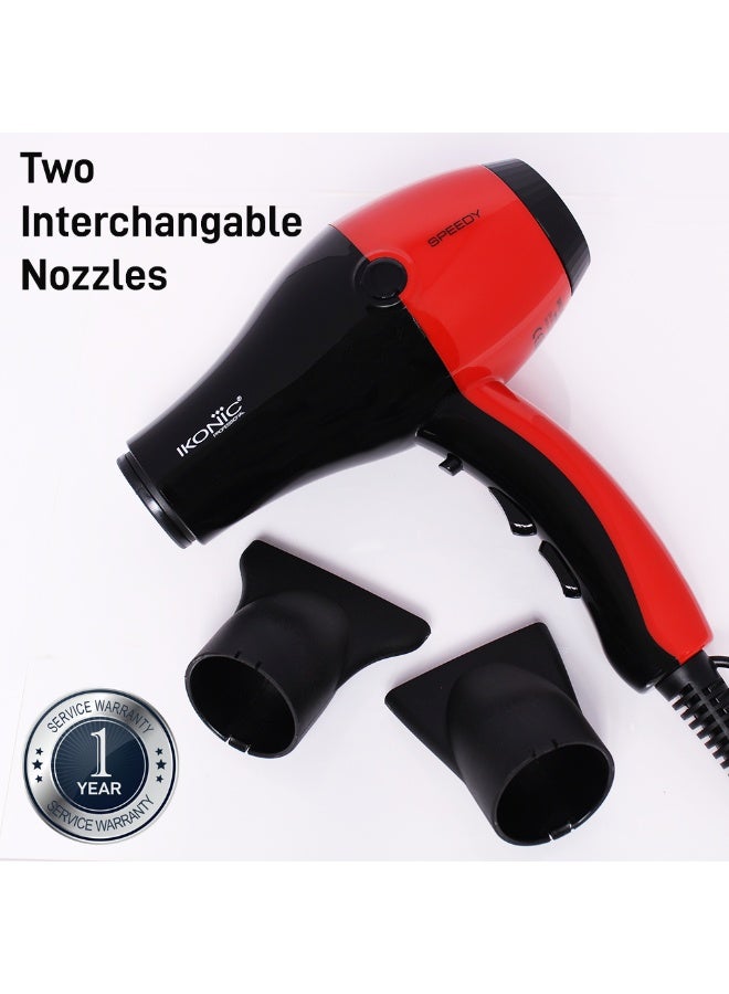 أي كونيك مجفف الشعر أيكونيك سبيدي بروفيشنال 1800 – 2000 واط للرجال والنساء، أحمر وأسود – تشغيل منخفض الضجيج، إعدادان للسرعة و3 إعدادات للحرارة، حماية من السخونة الزائدة، تصميم مريح، سلك بطول 2.5 متر - Image 4