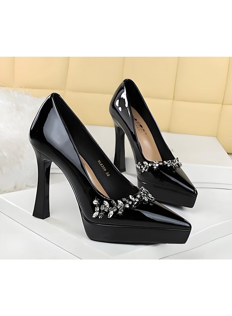 بيج تري النساء الراينست مغلقة أشارت إصبع القدم عالية الكعب مضخات الكعب سميكة مع منصة أسود 12CM - Image 2