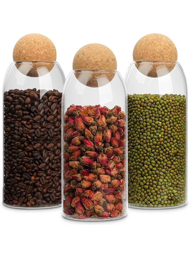 كومساف وعاء تخزين زجاجي سعة 34 أونصة مع كرة من الفلين، وعاء تخزين قهوة، 3 قطع من وعاء ملح الاستحمام، زجاج بأغطية من الفلين، ديكور للحلوى والشاي وحامل أعواد قطنية لصيدلية الحمام - Image 1