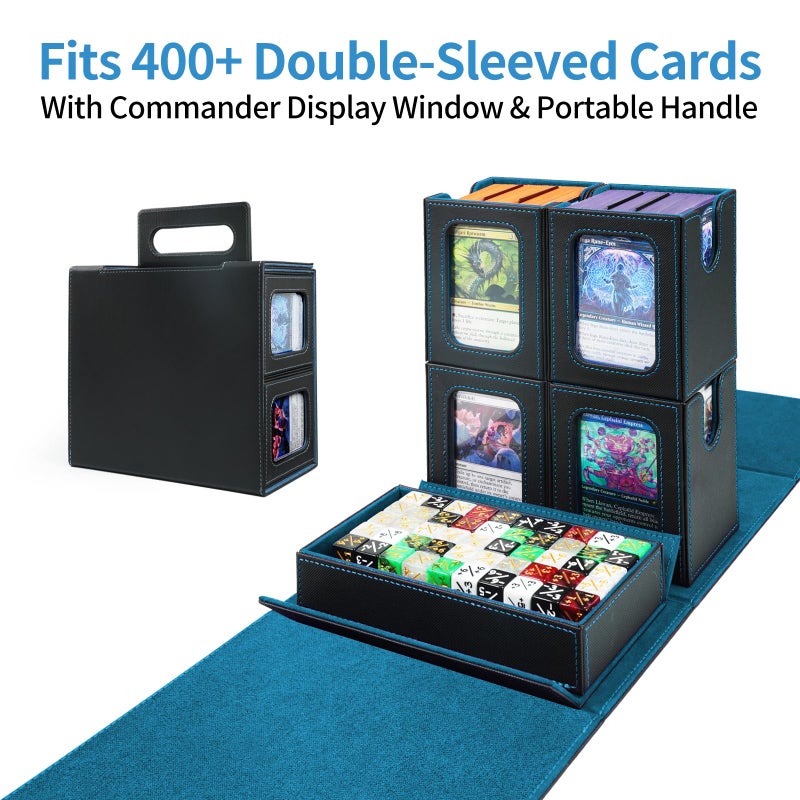 AFIING Commander Deck Box for MTG, Holds 400+ Double-Sleeved Cards, 4 Removable Deck Cases with Display Window, Dice Tray/Handle,Trading Card Storage Organizer/Dividers for TCG (Black Cyan) - Image 2