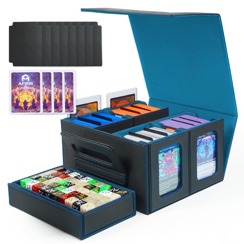 AFIING Commander Deck Box for MTG, Holds 400+ Double-Sleeved Cards, 4 Removable Deck Cases with Display Window, Dice Tray/Handle,Trading Card Storage Organizer/Dividers for TCG (Black Cyan) - Image 1