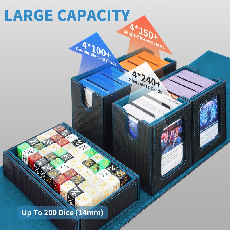 AFIING Commander Deck Box for MTG, Holds 400+ Double-Sleeved Cards, 4 Removable Deck Cases with Display Window, Dice Tray/Handle,Trading Card Storage Organizer/Dividers for TCG (Black Cyan) - Image 3