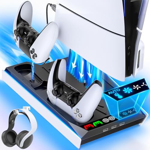Kytok PS5 Stand and Cooling Station for PS5 Pro/ PS5 Slim /PS5 Disk and Digital Console, Upgraded Automatic Cooling Base and RGB Light with Driver Charger for PS5 and Edge, Kit - Image 1