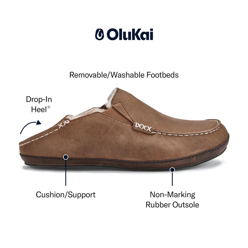 OLUKAI Moloa Slipper, Men's Premium Leather Slip-On Shoes, Soft Genuine Shearling Lining & Gel Insert, Drop-In Heel & All-Day Comfort, Toffee/Dk Wood, 9 - Image 4