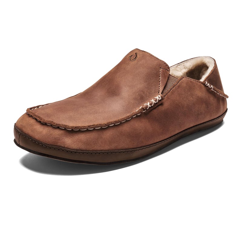OLUKAI Moloa Slipper, Men's Premium Leather Slip-On Shoes, Soft Genuine Shearling Lining & Gel Insert, Drop-In Heel & All-Day Comfort, Toffee/Dk Wood, 9 - Image 1