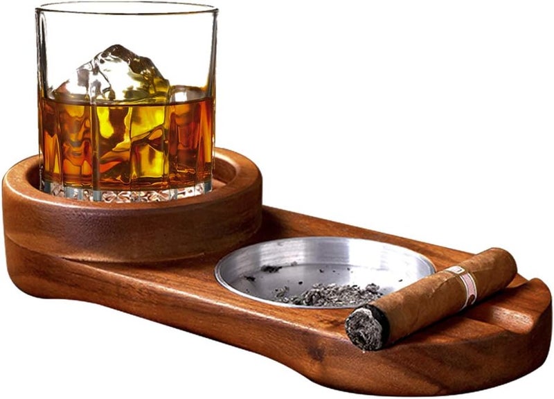 MDCGFOD Wooden Cigar Ashtray Coaster and Whiskey Glass Tray Set - Image 1