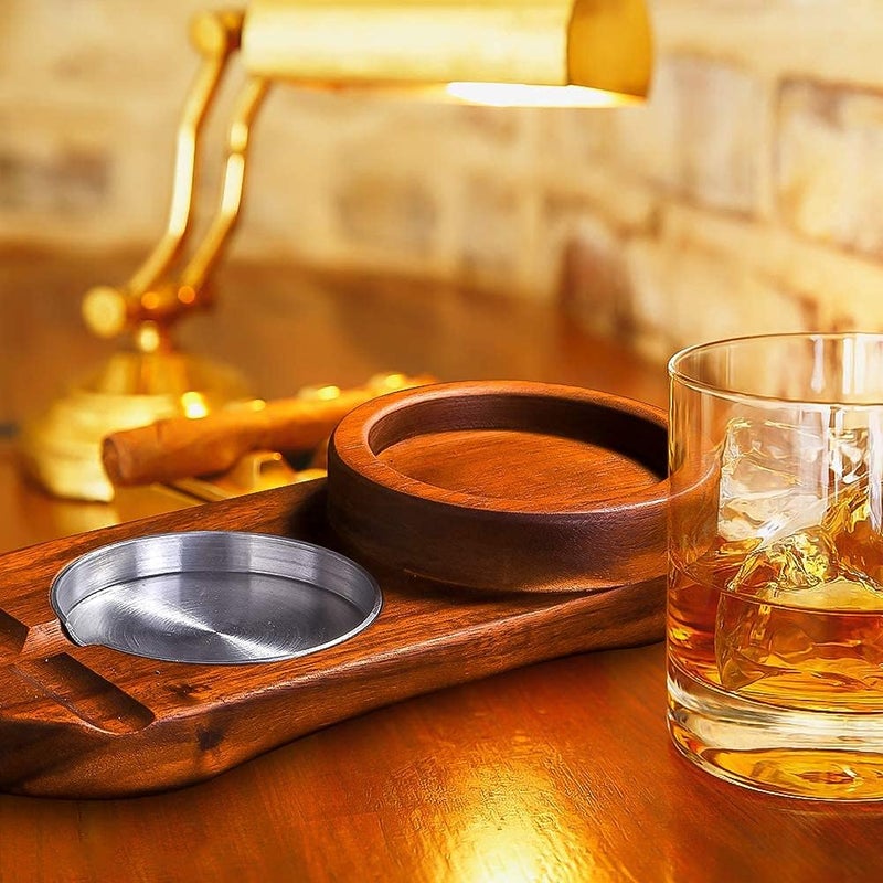 MDCGFOD Wooden Cigar Ashtray Coaster and Whiskey Glass Tray Set - Image 3