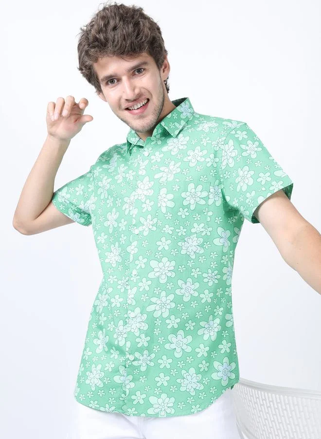 HIGHLANDER All Over Floral Print Slim Fit Shirt with Short Sleeves by Styli
