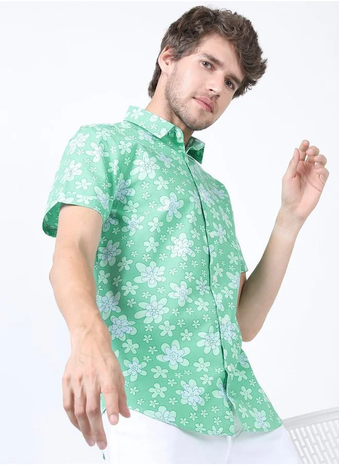 هاي لاندر All Over Floral Print Slim Fit Shirt with Short Sleeves