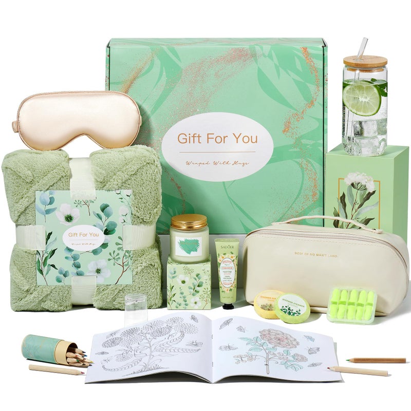 Get Well Soon Gifts for Women  11 Pcs Self Care Spa Gift Basket with Green Blanket  Relaxing Gifts for Mom Wife Sister Friends  Birthday Christmas Thinking of You Gift Set