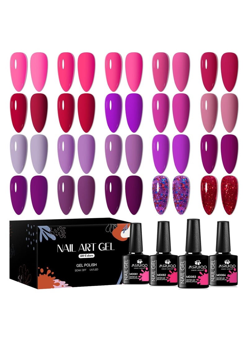 MSRUIOO Red Gel Nail Polish Set 20 Colors Bloody Mary Collection Popular Shimmer Red Purple Gel Polish Kit Christmas Nail Art Design Soak Off Uv LED Gel Nail Kit Minicure DIY Home Gifts for Mom 