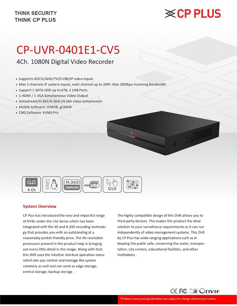 CP PLUS مسجل الفيديو الرقمي 4 قنوات 1080N CP-UVR-0401E1-CV5، متوافق مع كاميرات تصل إلى 2.4 ميجابكسل، أسود - Image 1
