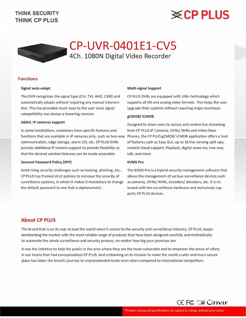 CP PLUS مسجل الفيديو الرقمي 4 قنوات 1080N CP-UVR-0401E1-CV5، متوافق مع كاميرات تصل إلى 2.4 ميجابكسل، أسود - Image 2