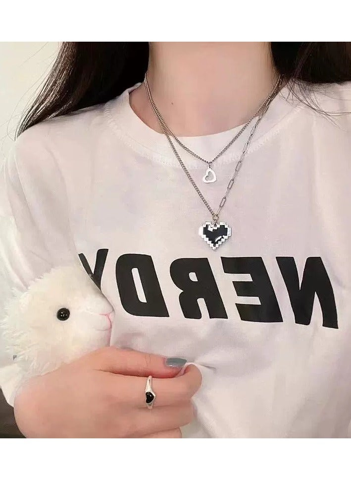 Goolsky Dark Aesthetic Mosaic Heart Layered Necklace – Double Chain Hip-Hop Pendant for Cool Girls | INS Street Style  - Image 2