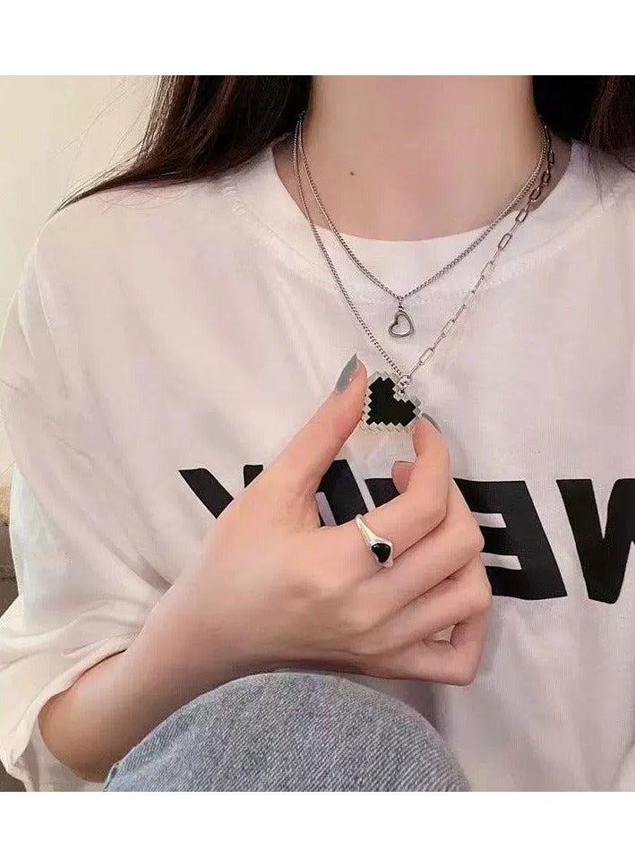 Goolsky Dark Aesthetic Mosaic Heart Layered Necklace – Double Chain Hip-Hop Pendant for Cool Girls | INS Street Style  - Image 4