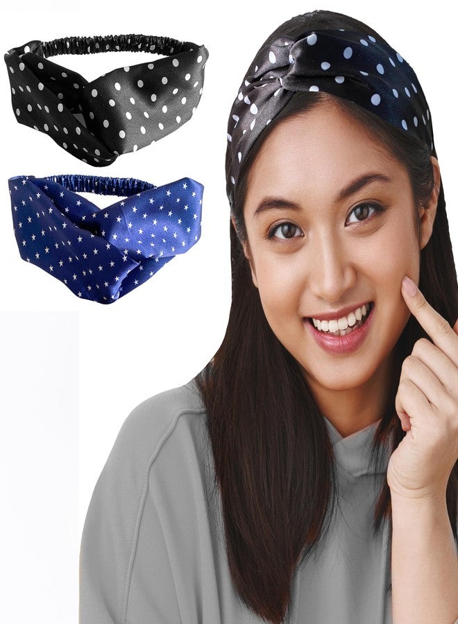 Silvr Bear Luxury Satin Hairband|Pack Of 2|Aesthetic Turban Hairband Korean Style Twisted Cross Knot Head Band For Women|Fabric Elastic Hair Band For Women(Polka Dots Dark For Women&Teens)Multi Color - Image 1