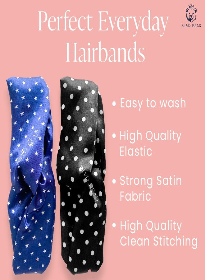 Silvr Bear Luxury Satin Hairband|Pack Of 2|Aesthetic Turban Hairband Korean Style Twisted Cross Knot Head Band For Women|Fabric Elastic Hair Band For Women(Polka Dots Dark For Women&Teens)Multi Color - Image 2