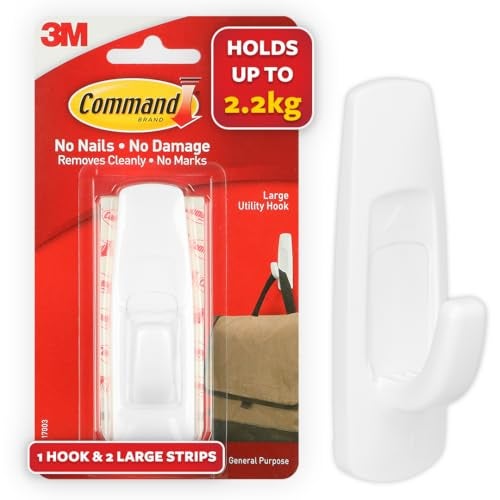 Command Large Plastic Hooks for walls, pack of 1 Hook and 2 Strips, Holds 2.2kg, Self Adhesive, Damage Free Walls,White - Image 1