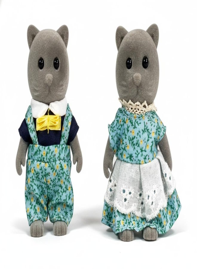OLEOCA Family Gray Cat Figures - Set of 2 Collectible Flocked Mini Dolls with Removable Clothes, Dollhouse Pretend Play Set for Kids Ages 3+ - Image 1