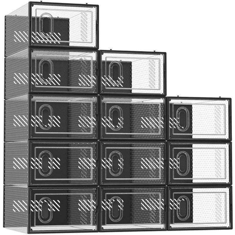 SIMPDIY Shoe Storage, 12 Pack Shoe Organizer for Closet, Shoe Boxes Clear Plastic Stackable Shoe Containers with Lids for Size 10, Black - Image 1