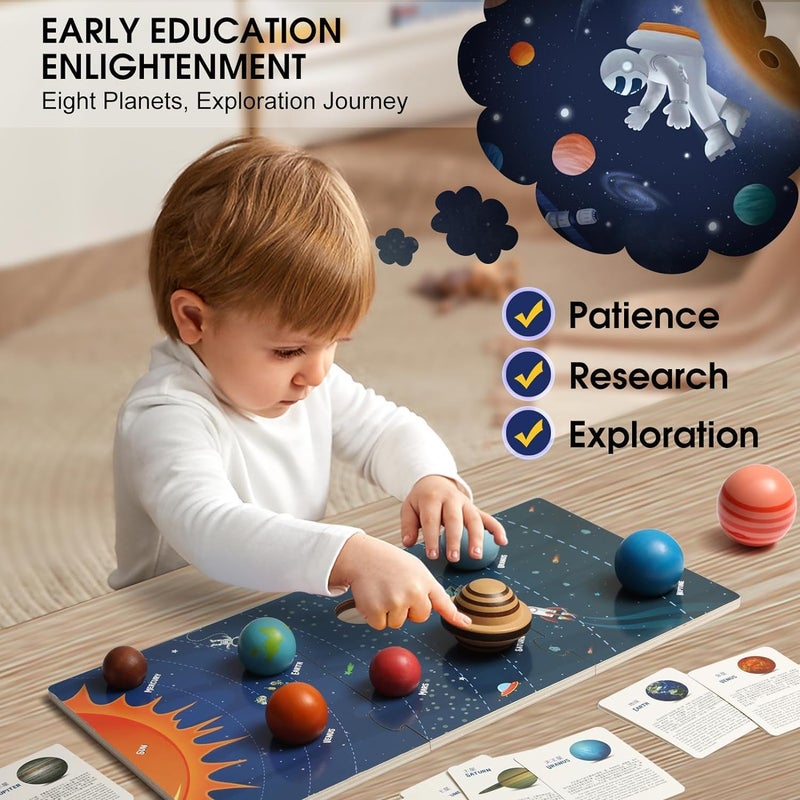 Soofam Wooden Solar System Model Board, Montessori Toys Planets Puzzle Science STEM Space Learning for Kids 3-8 with 3D Planets Models,Space Knowledge Flash Cards Learning Toys for Boys Girls - Image 4