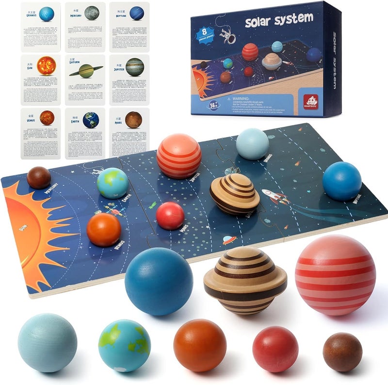 Soofam Wooden Solar System Model Board, Montessori Toys Planets Puzzle Science STEM Space Learning for Kids 3-8 with 3D Planets Models,Space Knowledge Flash Cards Learning Toys for Boys Girls - Image 1