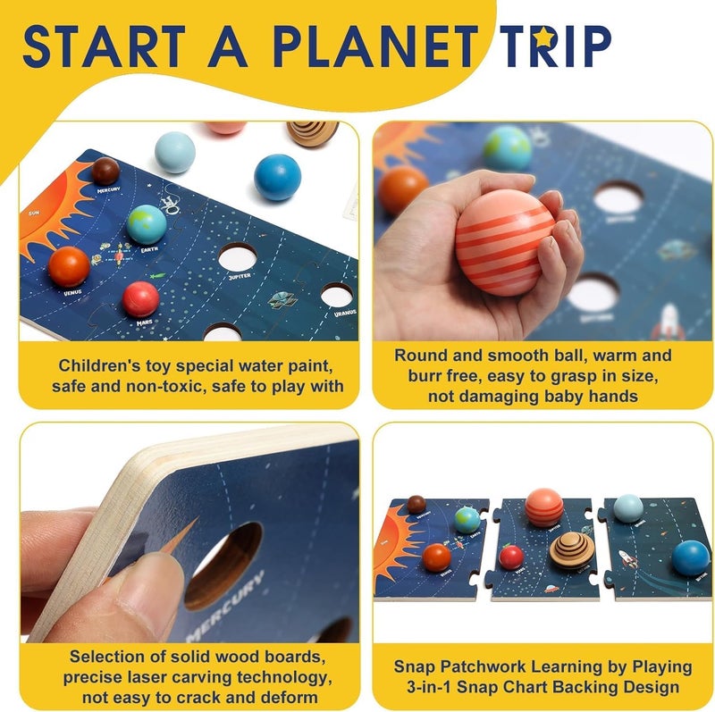 Soofam Wooden Solar System Model Board, Montessori Toys Planets Puzzle Science STEM Space Learning for Kids 3-8 with 3D Planets Models,Space Knowledge Flash Cards Learning Toys for Boys Girls - Image 3