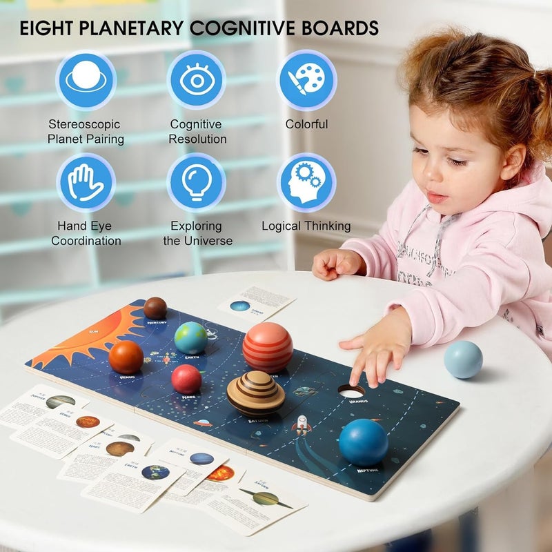Soofam Wooden Solar System Model Board, Montessori Toys Planets Puzzle Science STEM Space Learning for Kids 3-8 with 3D Planets Models,Space Knowledge Flash Cards Learning Toys for Boys Girls - Image 2