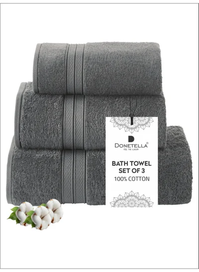 Donetella Premium Towel 3-Pcs Set, 100% Combed Cotton 600 GSM, Highly Absorbent, Quick Dry Towel Set Include 1 Bath Towel, 1 Bath Sheet, 1 Hand Towel, Best Set for Bathroom Gym, Hotel And Spa,Grey
