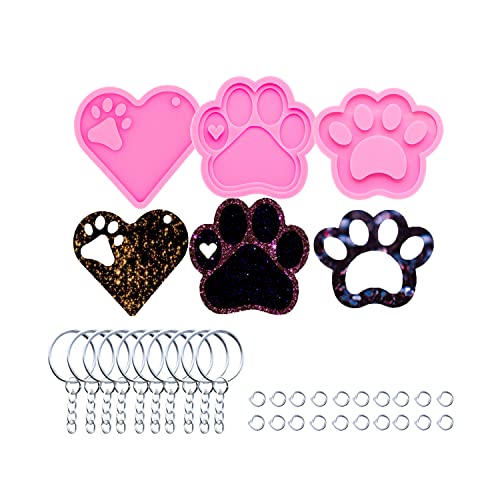 AMZTOART 3pc Glossy Resin Silicone Paw Print Molds DIY Making Keychain, Heart with Paw Cutout Epoxy Mold with 10PC Key Ring(DY0129+DY0292+DY0404) - Image 1